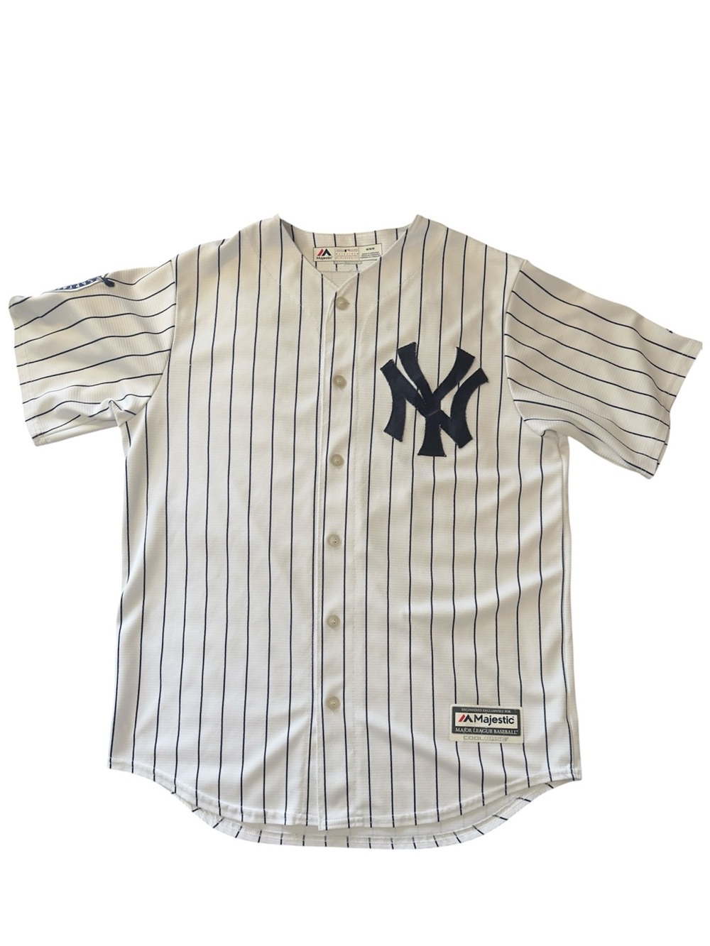 Majestic White Pinstripe Yankees Jersey with Navy NY Emblem